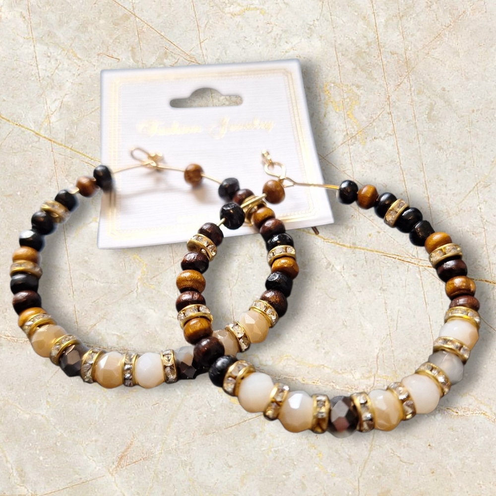 3 For $15 Gold and Brown Beaded Hoop Earrings - Picture 3 of 3